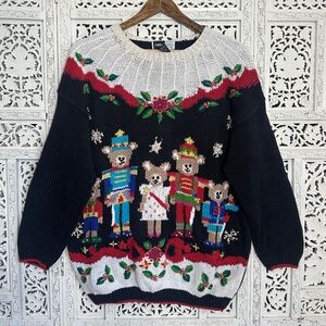 Vintage Christmas Teddy Bear‎ Nutcracker Holiday Chunky Grannycore Sweater Sz L